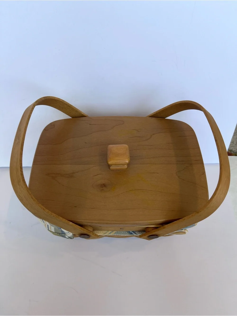 Vintage Longaberger Basket With Lid Yellow Blue Plaid Liner Cottagecore